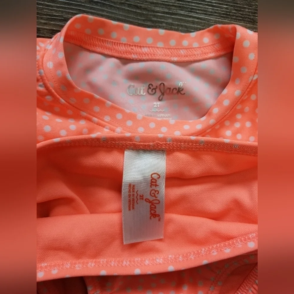 Cat & Jack Rash Guard Neon Orange Polka Dot Two Piece Swim Suit